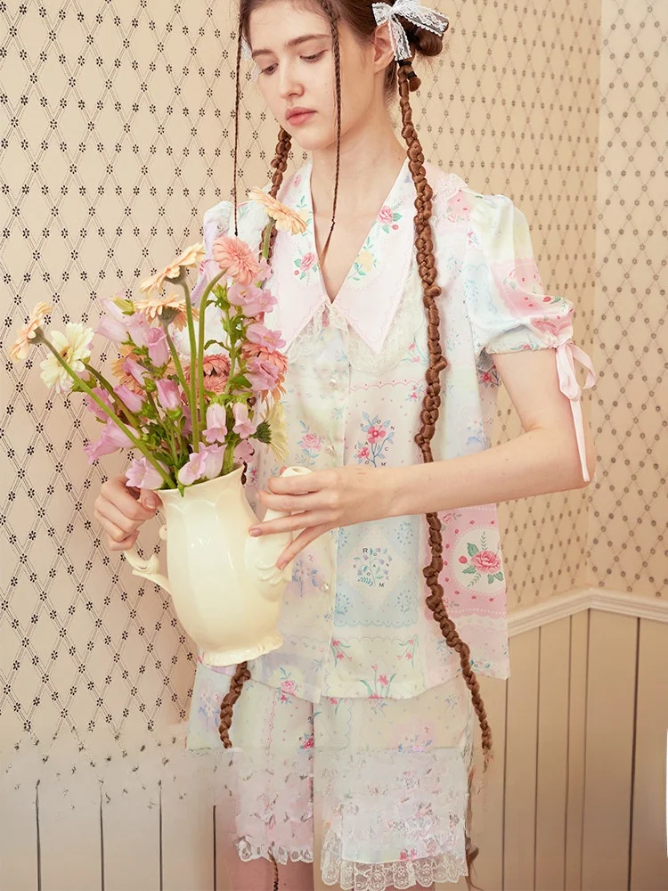 RooMance Floral Lace Ice Silk Sleepwear Set Women's Home Clothes Two-Piece Set Sweet Cute Style Loose Fit Short Sleeve