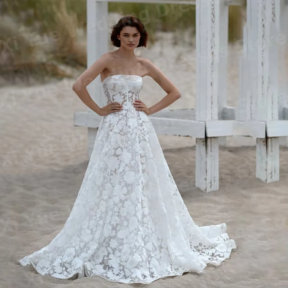 فساتين زفاف أنيقة على شكل حرف A للنساء بدون حمالات من الدانتيل فساتين زفاف فيستدو دي نوفيا بدون أكمام بدون ظهر فساتين العروس مخصصة رداء دي ماري