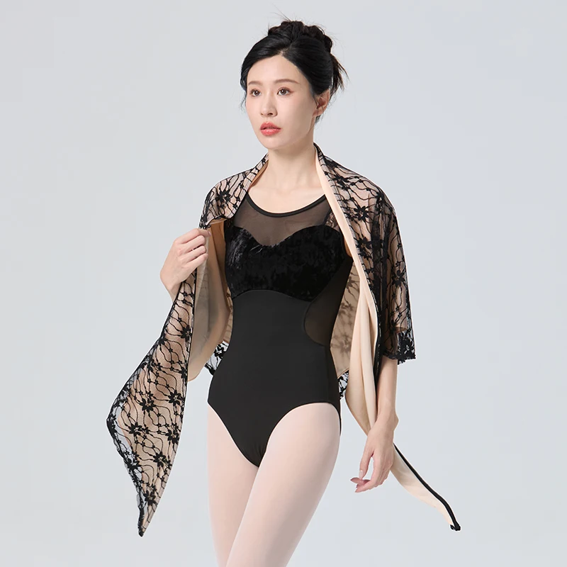 Women Ballet Dance Tops Adults Cape Coat Ballet Tops Retro Lace Chiffon Two-tone Shawl Skirt