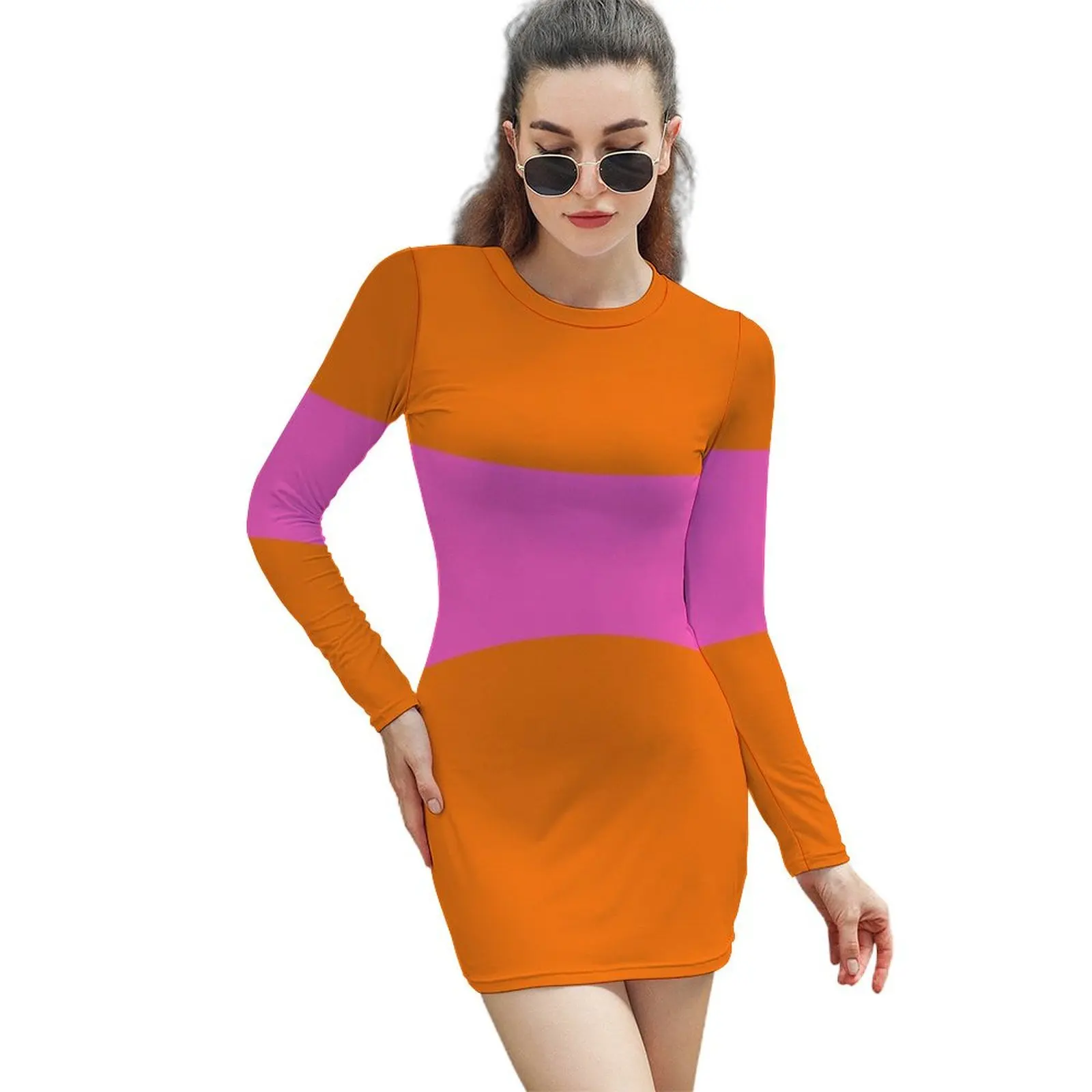 

Vivid Orange and Hot Pink Colorblock Long-Sleeved Sheath Dress women evening dress Clothing Dress women