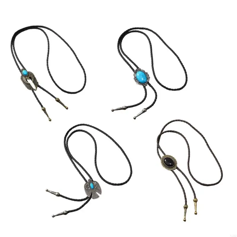 

N5KE Винтаж Металлический Орел Птица Камень Ковбойская Шляпа Боло Галстук Западный Панк Искусственная Кожа Веревка Галстук Цепь