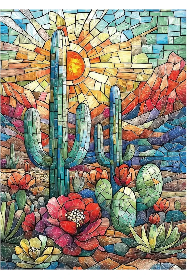 

500/1000/1200/2000PCS Stained Glass Cactus Jigsaw Puzzles for Adults Home Decor Challenging Family Fun Educational Toys Game