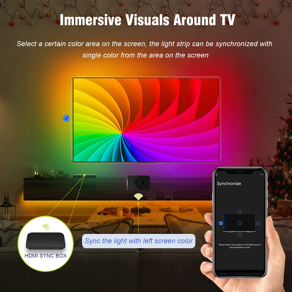 Ambient LED Backlight Kit with HDMI Sync Box 2.0 2.1 for 17~120 inch TV/PC,sync with TV Cabinet/Ceiling/Sofa/Bed LED Strip Light