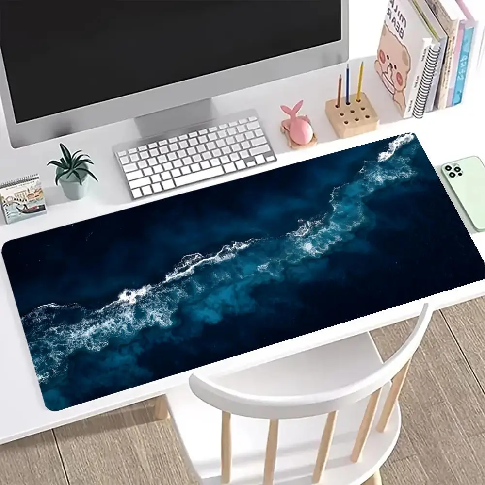 Large Blue Ocean Wave Aerial Mouse Pad, Extended Non-Slip Gaming Desk Mat, Waterproof Keyboard Pad