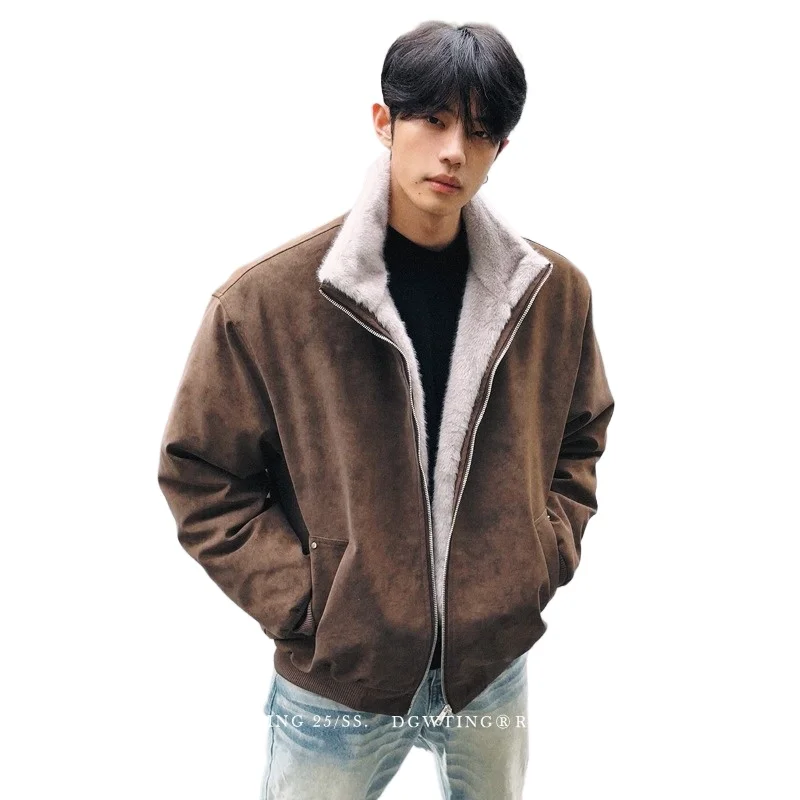 

Men Biker Sle Double Color Leather Cotton Warmth Outerwear Winter Loose Fit Long Zipper Thick Jacket Cotton Jacket for Men