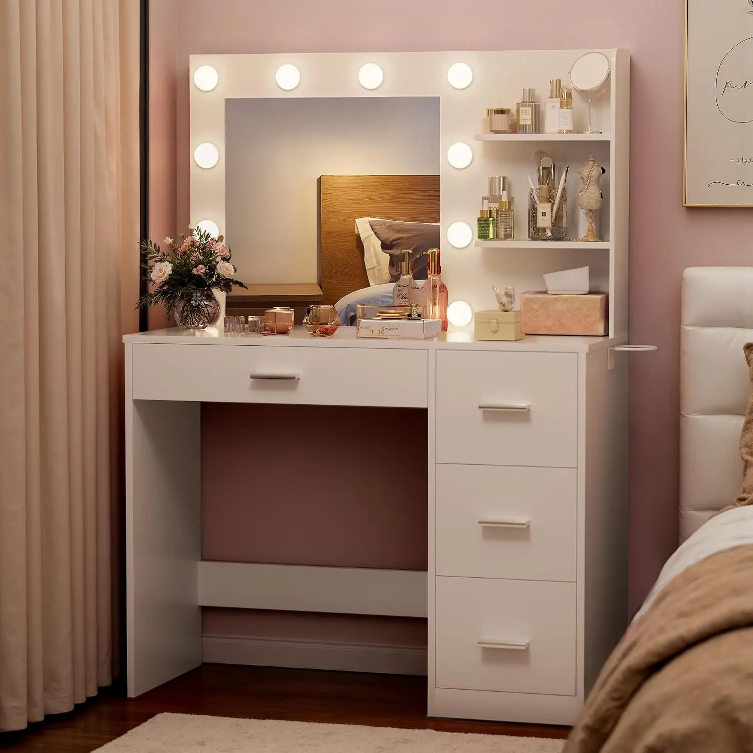 Furmax Vanity Desk with LED Lighted Mirror&Power Outlet, Makeup Vanity Table with 4 Drawers, 3 Open Storage Shelves, and 3 Color