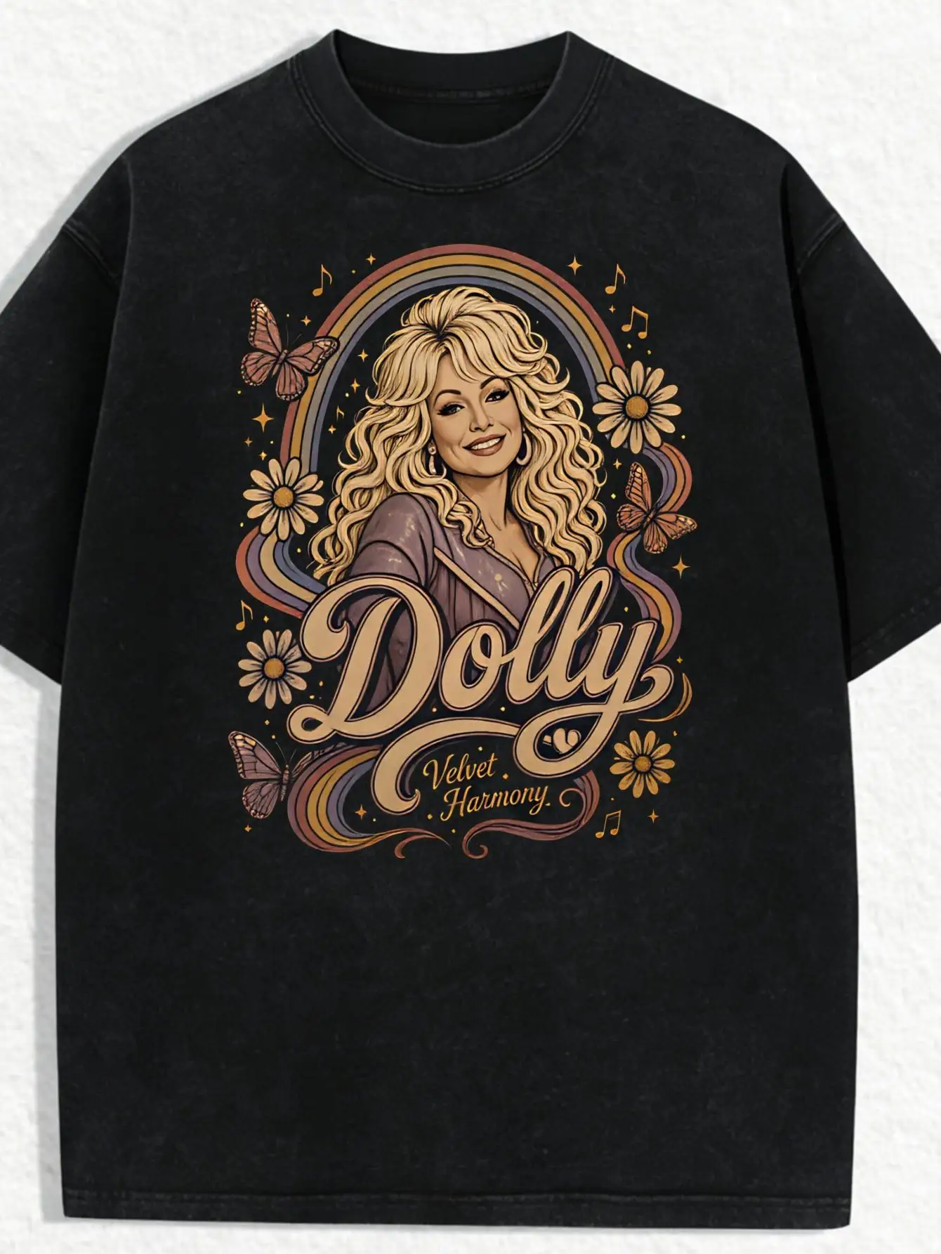 Unisex Washed T-Shirt 1946-2026 Forever Remembered Dolly Velvet Harmony Graphic T-Shirt with Warm Retro Portrait Rainbow Arches Daisies Butterflies Music Notes and Stars