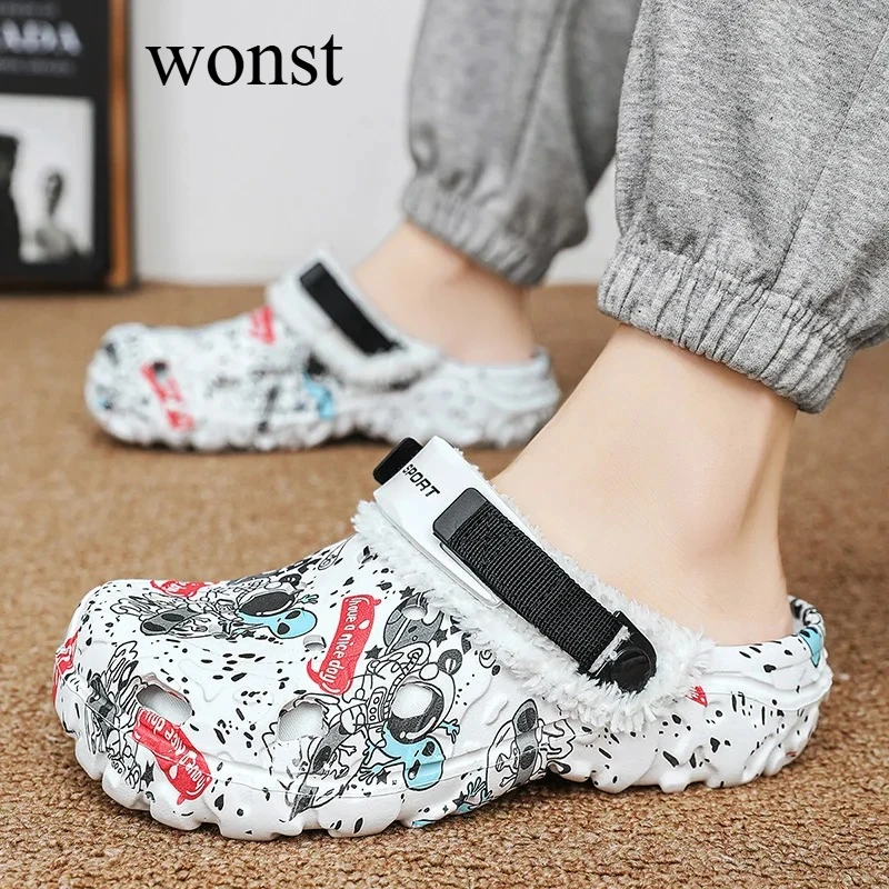 Mens Winter Warm Slippers Soft Indoor Women Slippers Summer Removable Sandals Men Non Slip Plush Fur Clogs Big Size Slippers 47