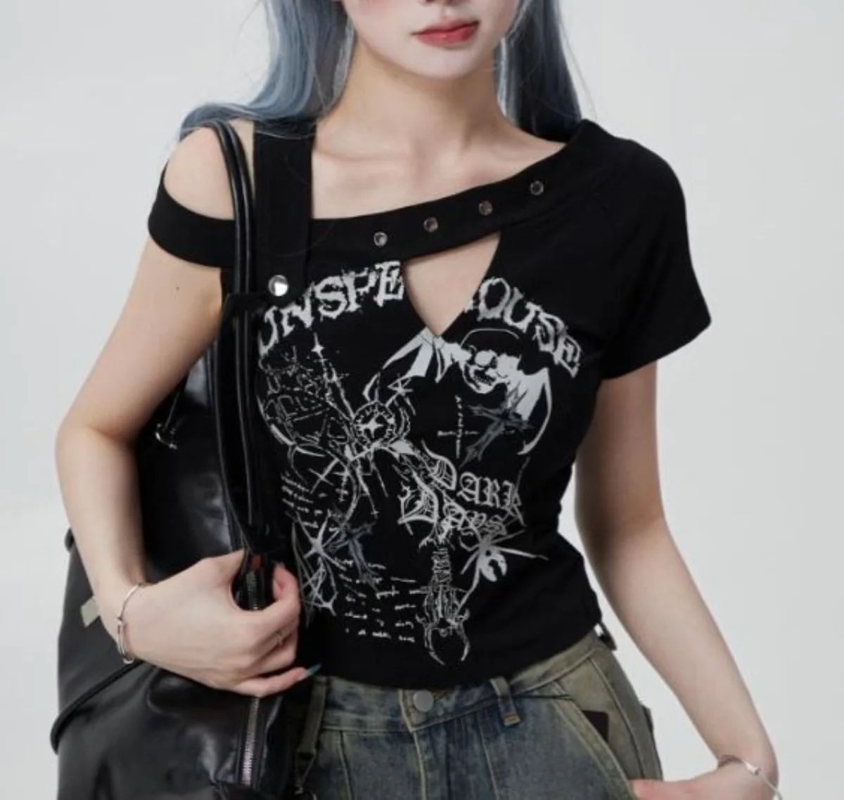 Kurzes Bedrucktes Oberteil Schulterfreies Kurzarm-T-Shirt Amerikanischer Streetwear Grunge Tunika Ropa De Mujer Grafik-T-Shirts Camisetas