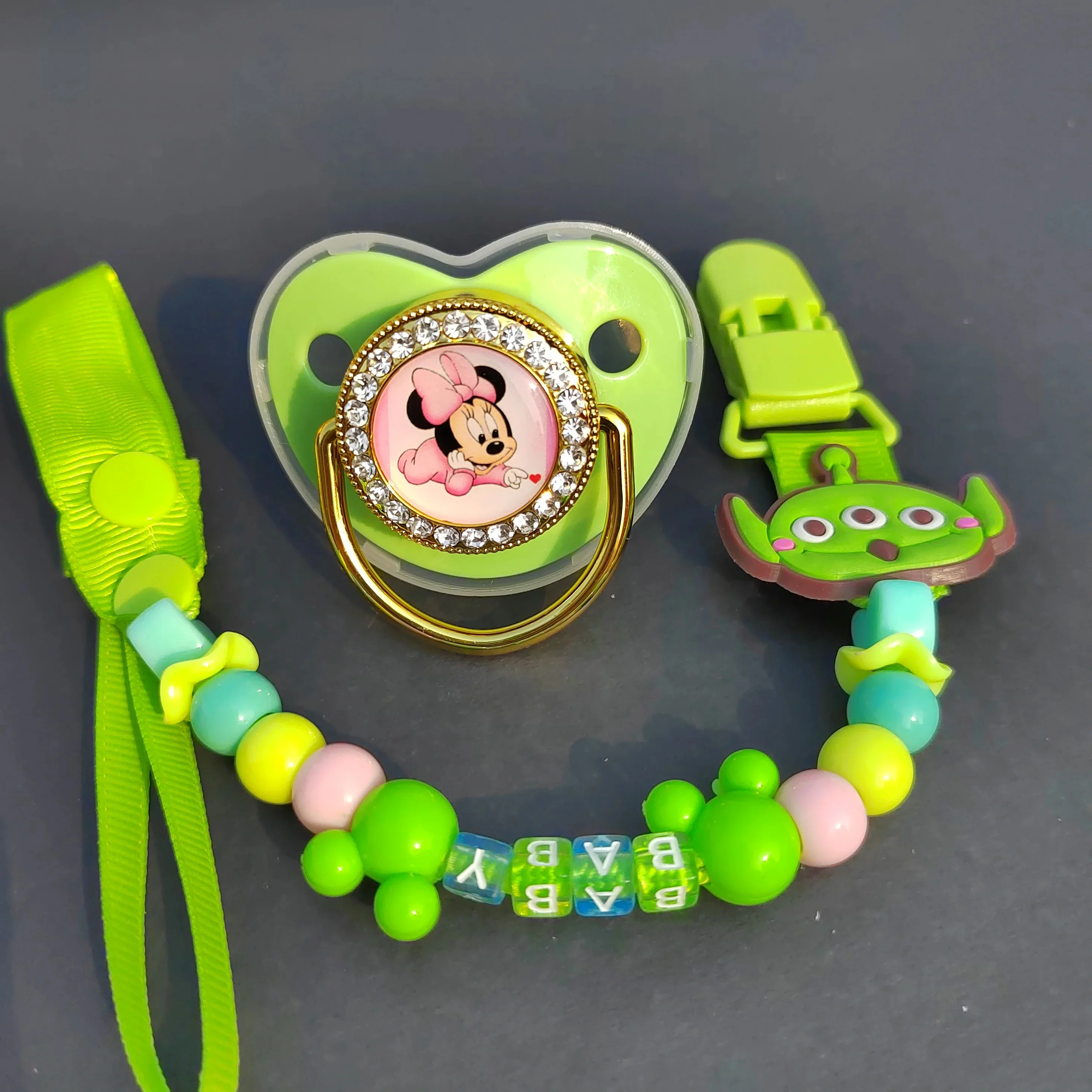 HOT 0-24 Months Fresh Green Cartoon Animal Bling Baby Pacifier With Bead Clip For Baby Bling BPA Free Baby Newborn Fake Pacifier