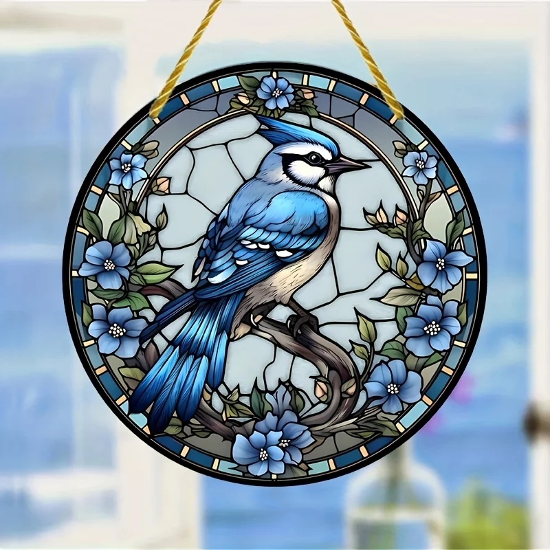 Blue Bird Stained Glass Window Hanging Beautiful Sun Catcher for Home Room Garden Decor Colored Faux Exterior Gift for Mother