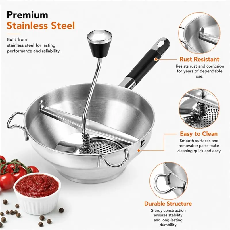 AAAN-Ergonomic Stainless Steel Rotary Food Mill With 3 Disc, For Making For Tomato Sauce, Potatoes, Jams-Silicone Handle Include