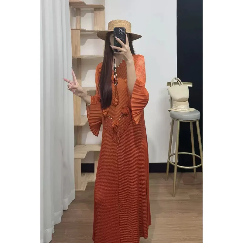 

A-Line Midi Dr with Lace Bridesmaid Dr European Sle Long Sve Full of Tassels 3D Flowers And Pleats for Women over 30