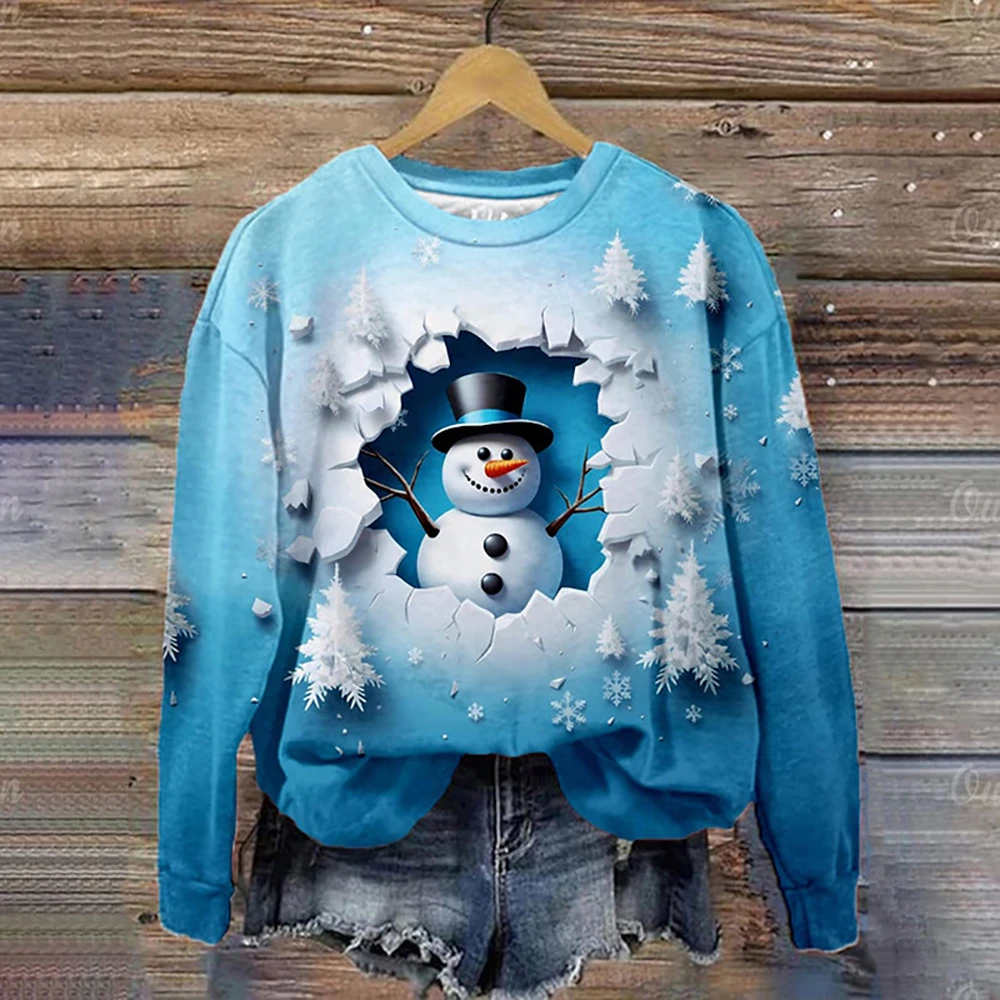 3d Snowman Printed Sweatshirt Women\'s Long Sleeve Top Pullover Autumn Loose Fashion O Neck Sweater Christmas Female Clothing