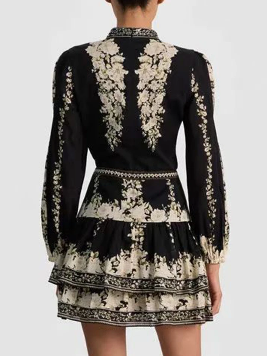 VGH Vintage Indie Folk Stijl Print Jurk voor Vrouwen V-hals Driekwart Mouwen Patchwork Hol Gelaagde Jurken Vrouwelijke Nieuw