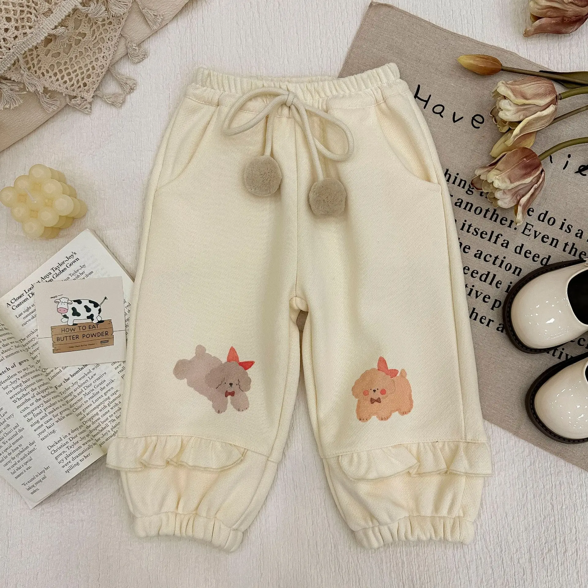 

Kids Girls Thick Beige Pants Elastic Waist String Hairballs Cartoon Print Baggy Trousers 1-8Y Children Fall Winter Fleece Pants