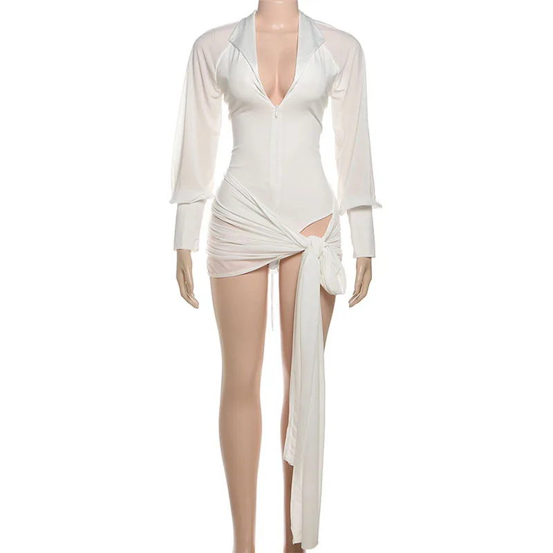 TARUXY Abito con scollo a V senza schienale con lacci Mini abito camicia sexy da donna Moda risvolto manica lunga aderente Clubwear Panno estivo da donna