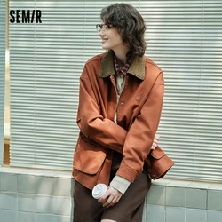 Semir Coat Women Medium Length Color-Blocking Corduroy Collar Retro 2024 New Autumn Embroidery Loose Fashion Jacket