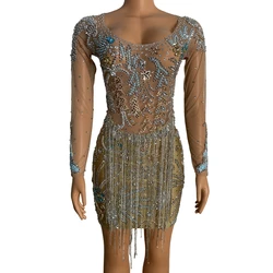 Fashion Diamond Sequin Tassel Women Short Skirt Sexy Lady Rhinestone Birthday Party Ball Evening Dress Stage Performance Costume