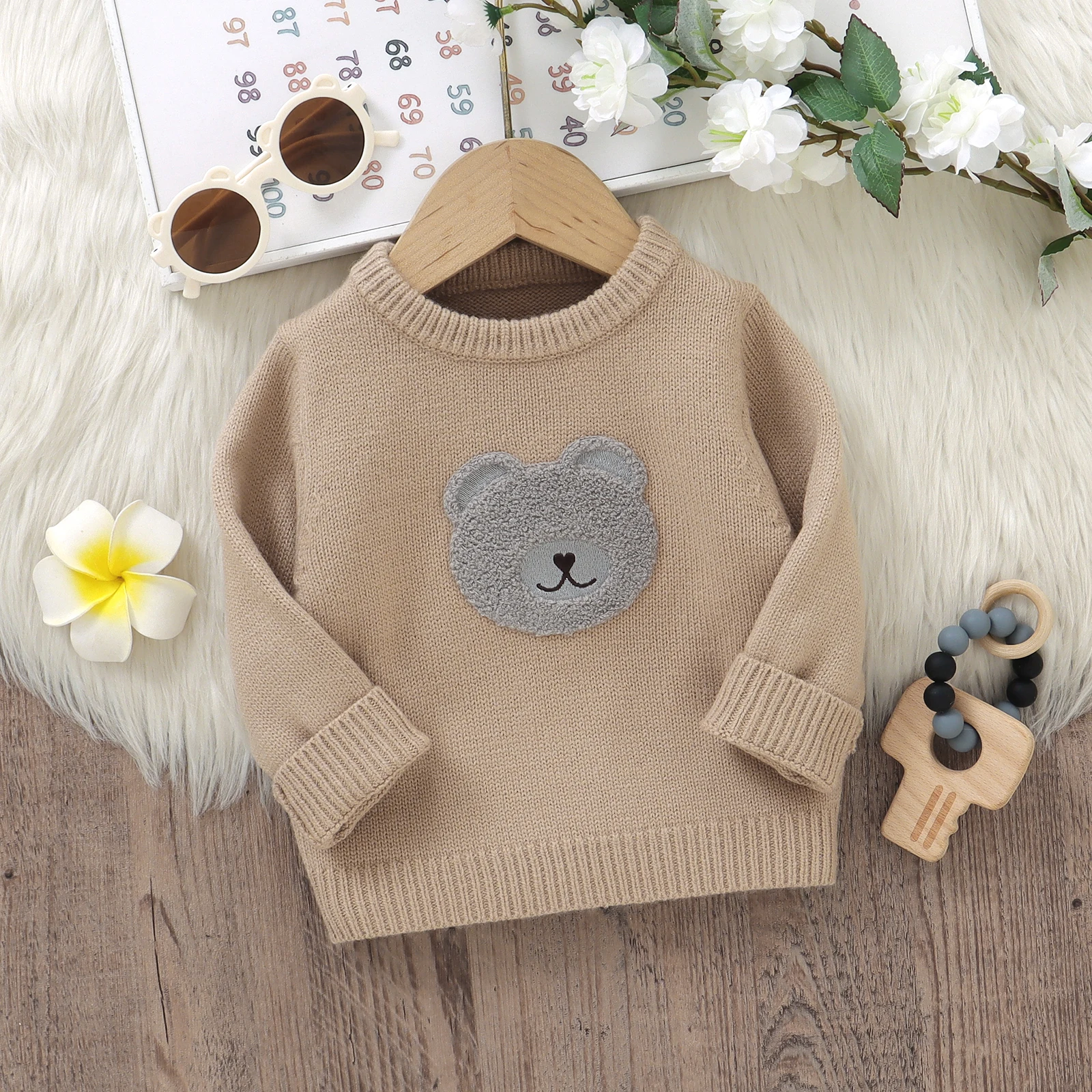 Baby Boy Girl Knit Sweater Bear Embroidery Crew Neck Long Sleeve Pullover Tops for Fall Winter 0-3 Years