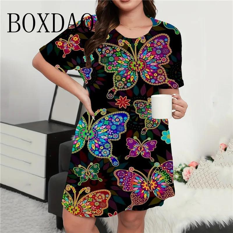 Décontracté Printemps Été Femmes Robe Douce Couleur Papillon Imprimer Mini Robe 2024 Mode À Manches Courtes At A-ligne Robes XXS-3XL