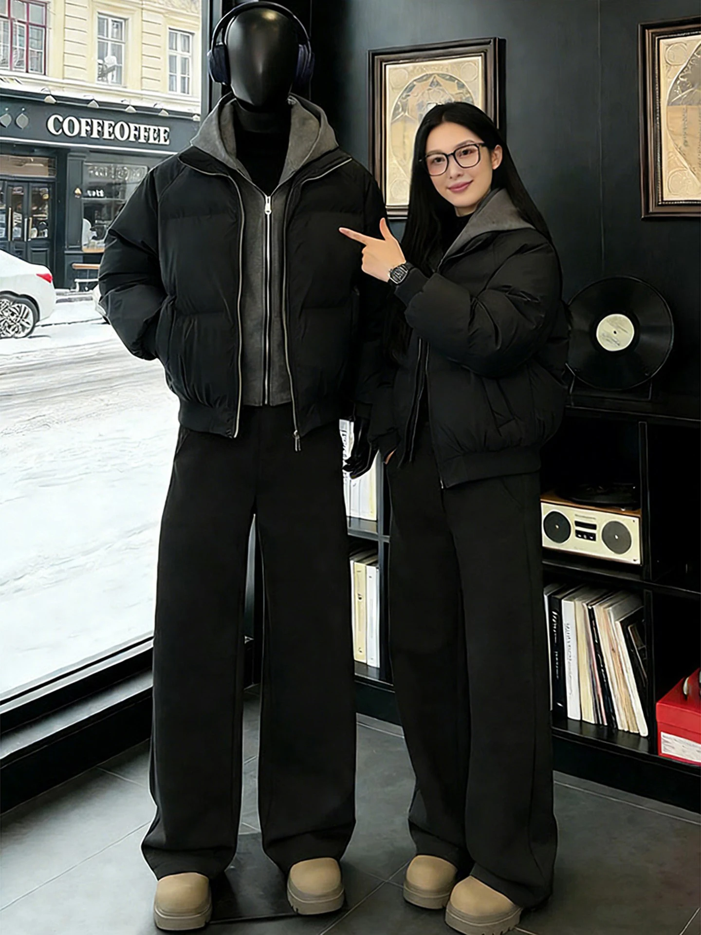 

American Style Thickened Men's down Cotton Jacket PU Leather Short Coat Couple's Bread Style Warmth Polyester Fiber Coat