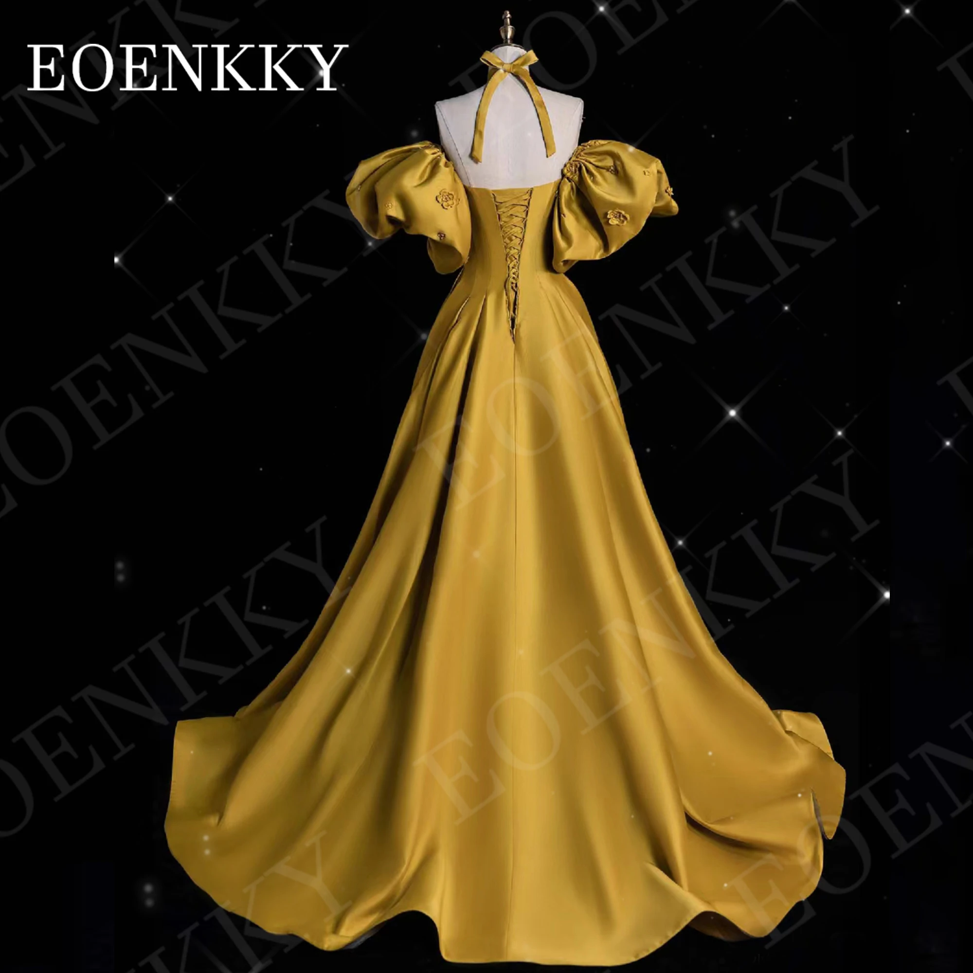 EOENKKY Exquisite Puff Sleeves Evening Dress A Line Satin Lace Floral Backless Wedding Party Dresses Yellow Formal 이브닝 파티 드레스