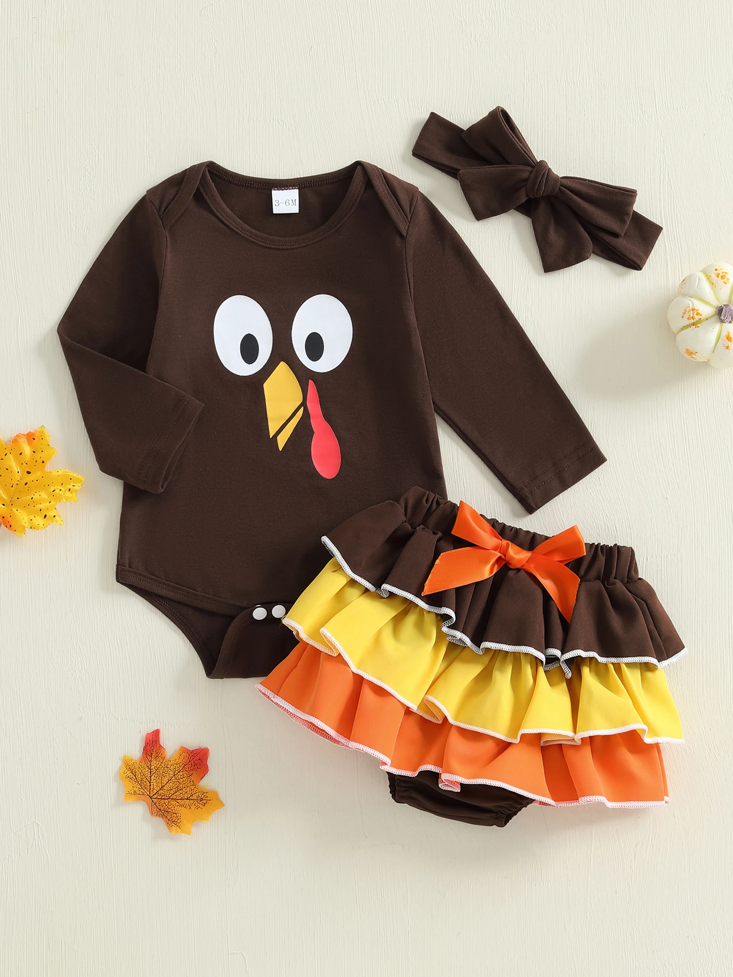 

Thanksgiving Baby Girl Outfit Turkey Print Romper with Layered Skirt and Bow Headband 3 Piece Set for Fall Celebration
