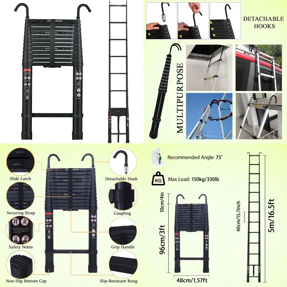 多目的アルミ製伸縮はしご 16.5フィート/5メートル テレスコピック EN131規格 家庭用および建築メンテナンス、庭園用