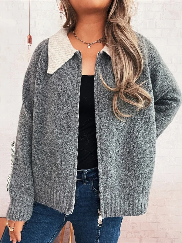 

Модный вязаный кардиган, свитер, женская укороченная верхняя одежда, европейский свободный крой, длинный свеч, повседневный трикотаж на молнии