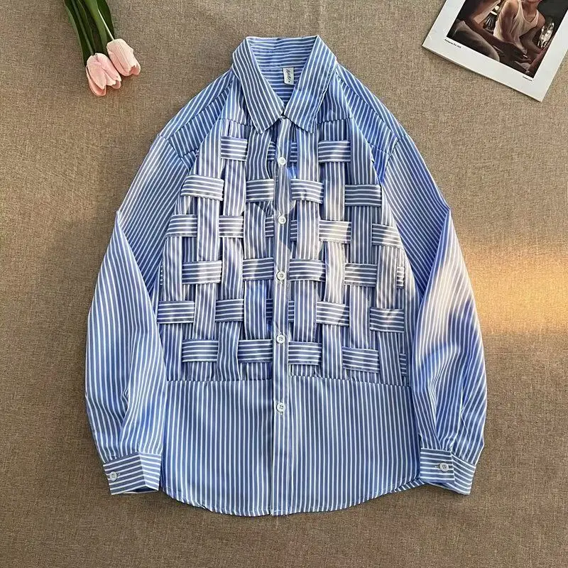 Men\'s Clothing 2023 Spring Summer New Weave Long Sleeve Lapel Korean Version Solid Color Striped Printed Trend Casual Shirts