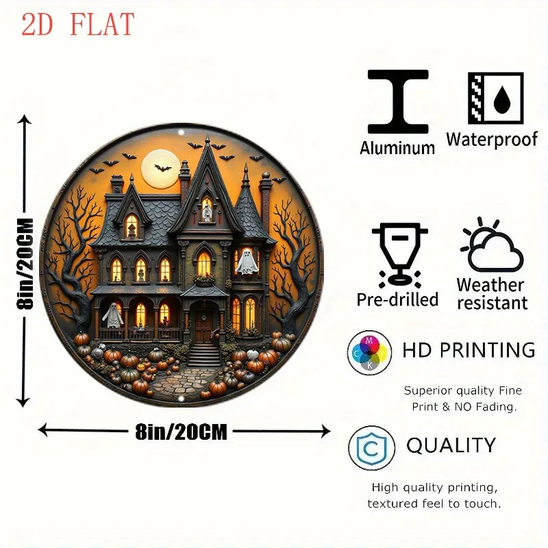 2D Flat - Round Aluminum Wall Sign Featuring an 8-Inch Haunted House Design with Ghosts, Pumpkins, And a Full Moon. Perfect for