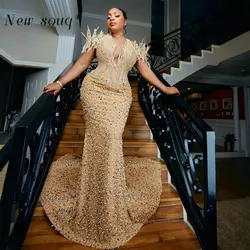 Aso Ebi Luxurious Champagne Mermaid Evening Dresses with Colorful Pearls Formal Party Gowns for African Black Women