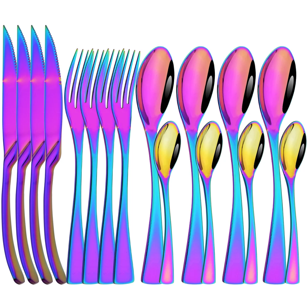 

Kitchen 16/24Pcs Rainbow Cutlery Set 304 Stainless Steel Dinnerware Knife Fork Spoons Tableware Dinner Complete Silverware Set