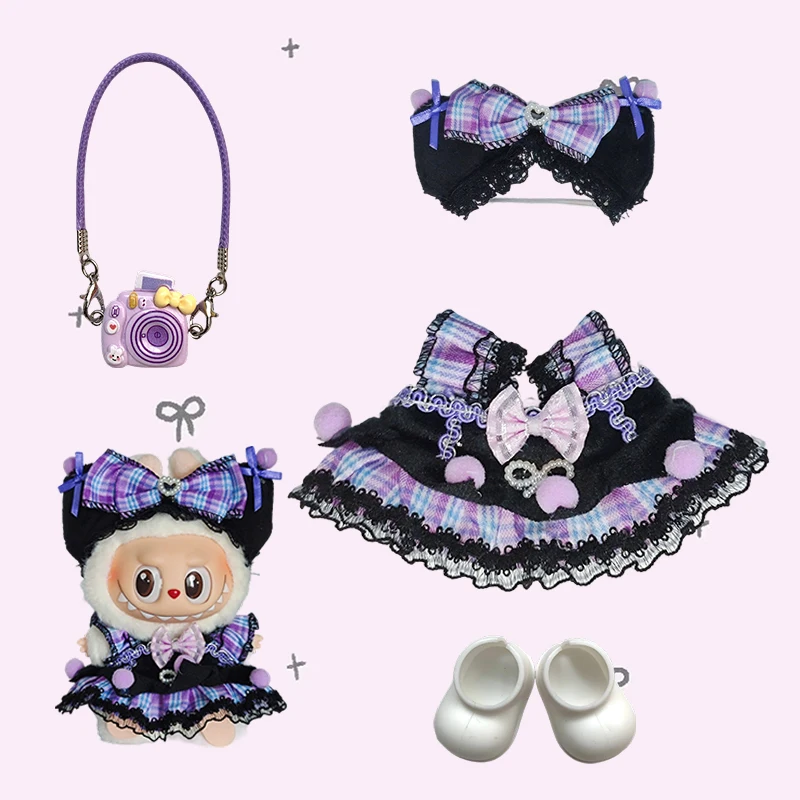 Doll Clothes Outfit Accessories Labubu Clothes Designer Black and White Plaid Dress Set DIY Mini Dolls Clothing Girl Gift