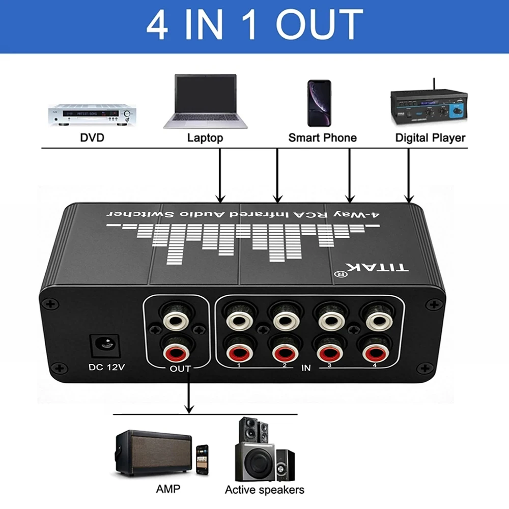 4CH Stereo Audio Switcher IR Remote 4-in-1-out AV Signal Selector Box for CD Player Amplifier Home Theater System