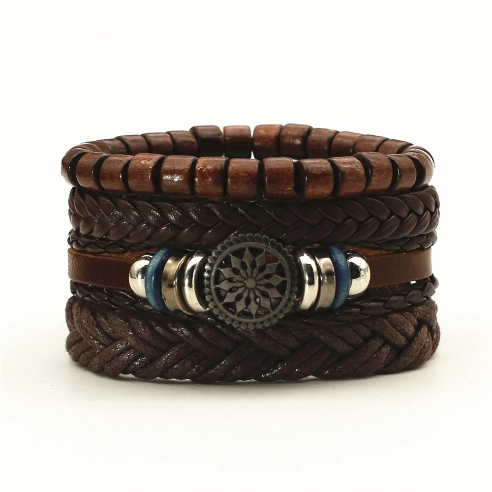 4 Pcs/Set Men Leather Bracelets For Women Wood Beads Sunflower Charm Woven Homme Gift Jewelry