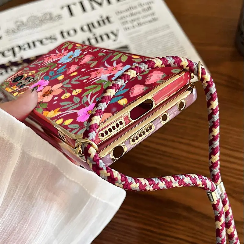 Color Flower Lanyard Plating Phone Case For Xiaomi Redmi Note 11 Pro Plus 12Pro Plus 11 11S 10 Pro 12 9S 8 Pro Cover
