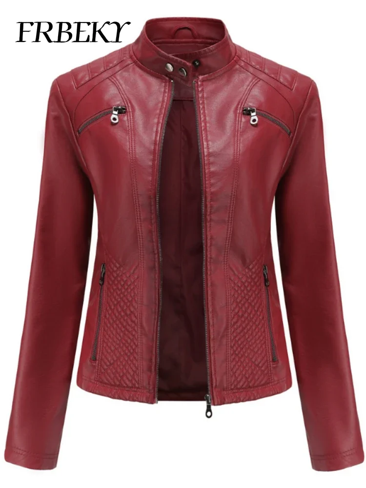 Casaco feminino outono nova jaqueta de couro casual gola manga longa jaqueta fina cor sólida casaco streetwear jaqueta com zíper