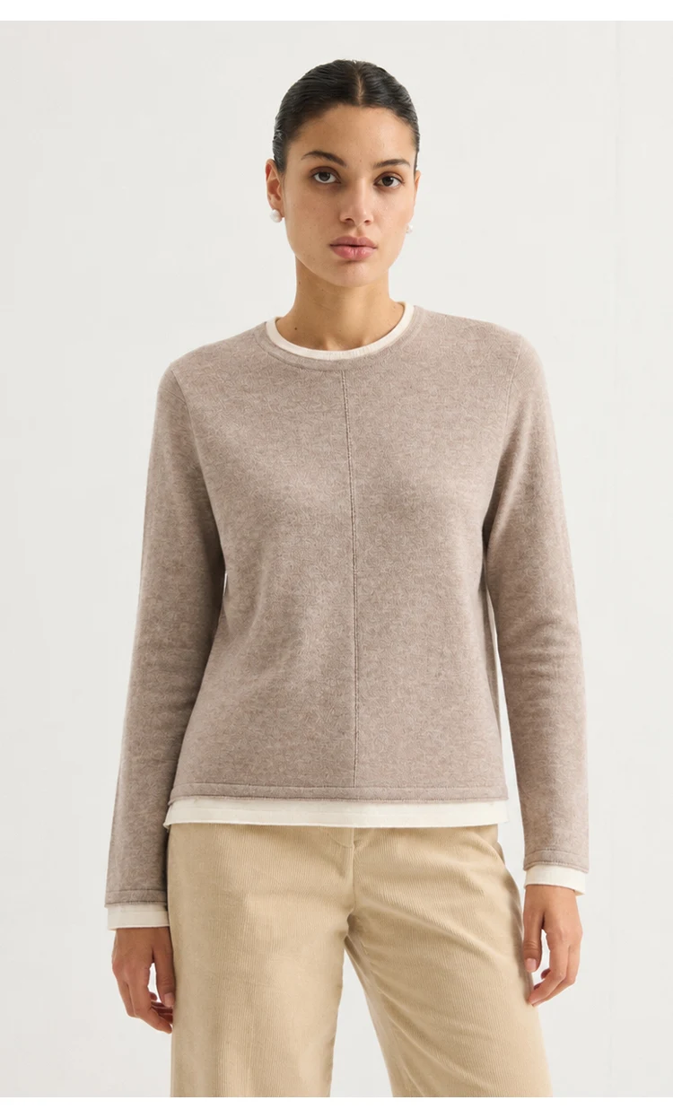 ML62039 Damen-Strickpullover mit Rundhalsausschnitt, Langarm, Zweiteiler-Optik, Kontrastfarbener Besatz, Lässiger Pullover für Herbst und Winter – Detail 6
