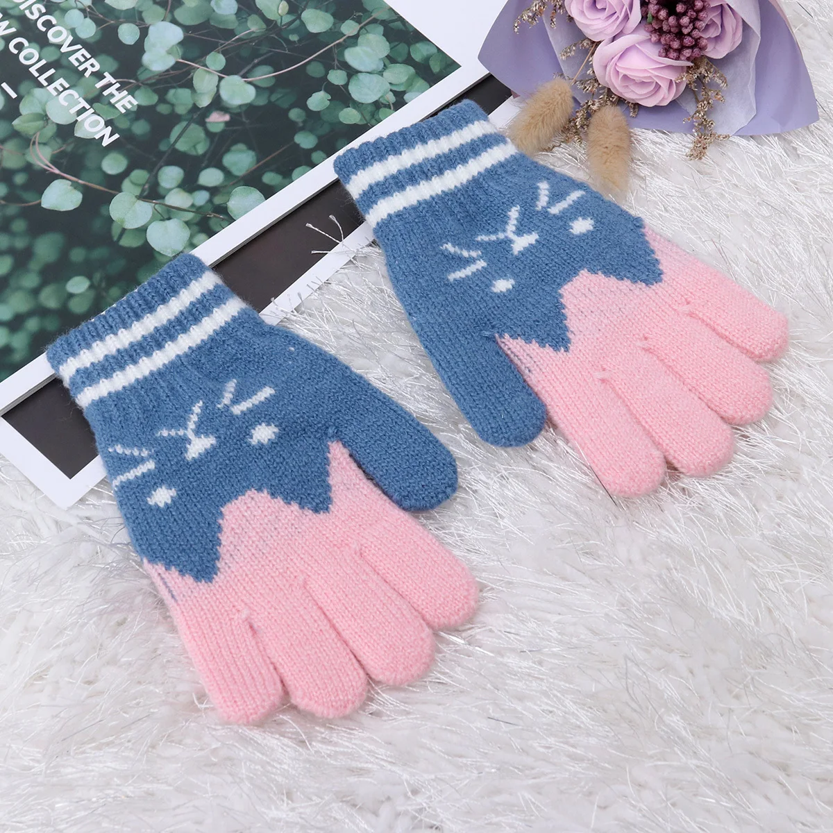 

Kid Winter Knit Gloves for Girl Child Blue Soft Knit Gloves Warm Imitation Wool Suitable for Outdoor Winter Activities