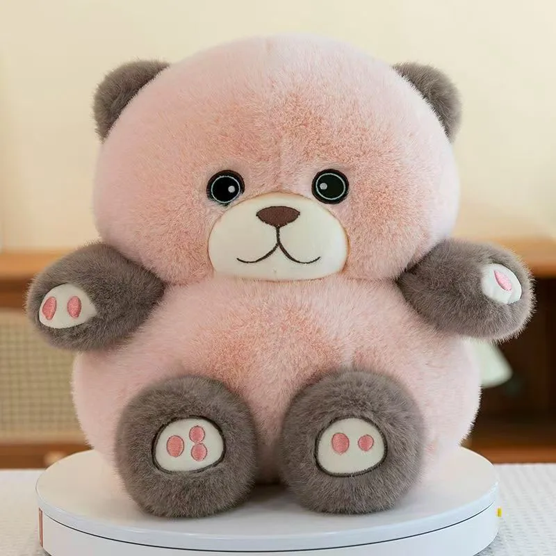 Kawaii Chubby Bear Stuffed Plush Toy Soft Cuddly Pink Gray Contrast Color Bear Doll For Kids Birthday Christmas Gifts Home Decor