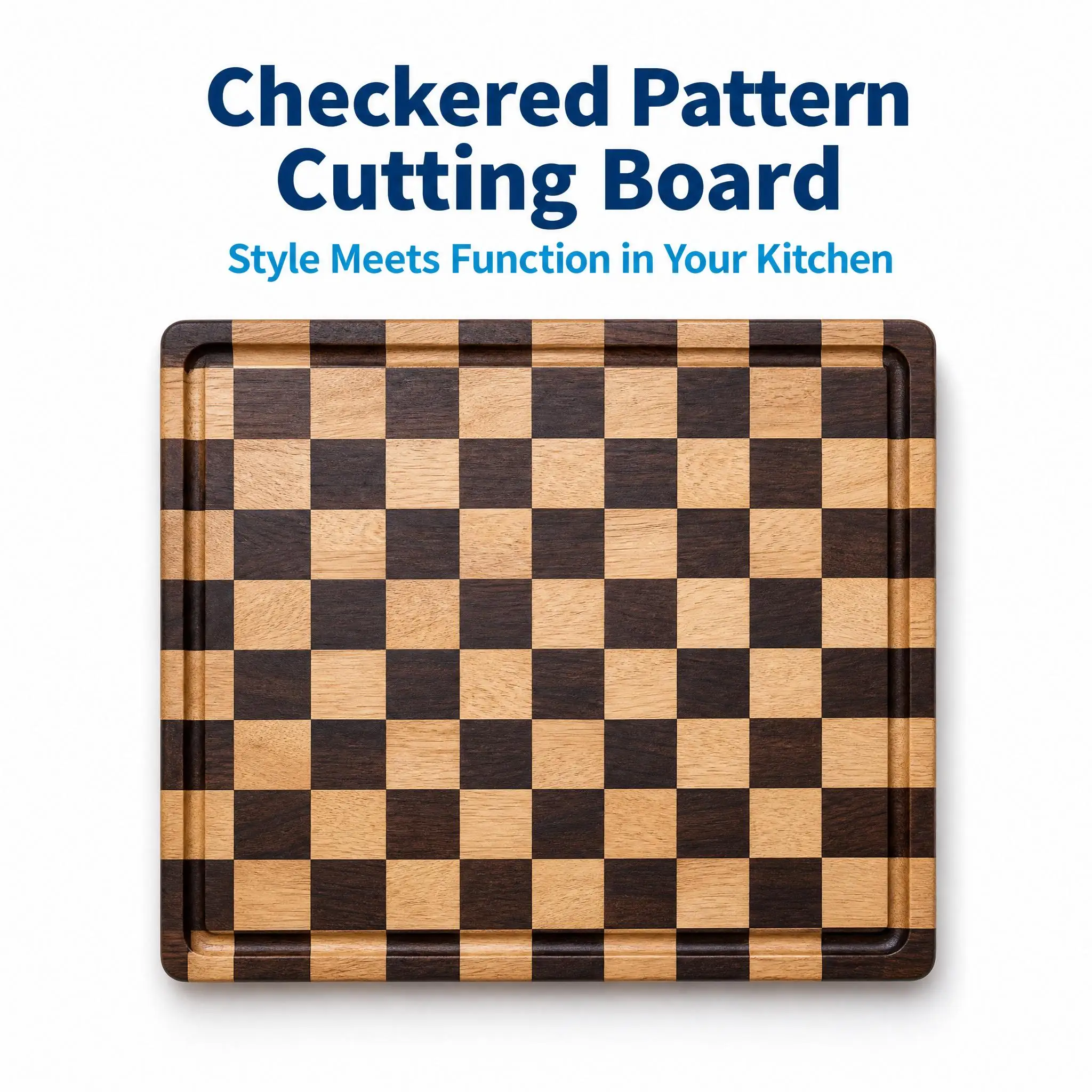 Cutting Board, Wooden Checkerboard Double-Sided Butcher Block with Juice Groove and Handle, Carbonized Rubber Wood Chopping Board for Meat, Fruit, Cheese, Bread and Vegetables, Kitchen Serving Tray