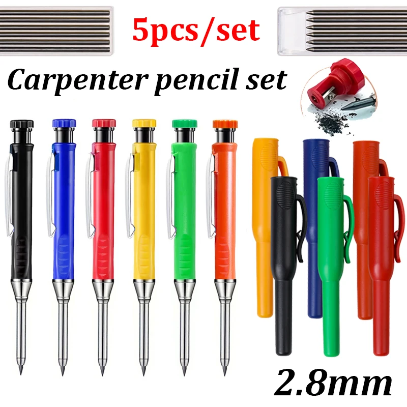 

Solid Mechanical Carpenter Pencil Set with Pencil Cap, 2.8mm Long Nose Deep Hole Woodworking Pencil Markers with Sharpener