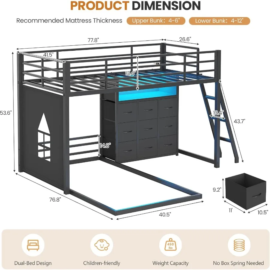 Bunk Bed Twin Over Twin for'Room, Solid Wood, White, 9 Storage Drawers + Open Shelf + LED Lights