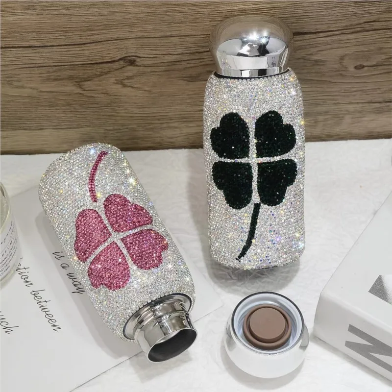 

Розовые листья, стеклянный стакан со стразами, кристалл, портативный вакуумный DIY блестящая кофейная кружка из нержавеющей стали, блестящий термос, посуда для напитков