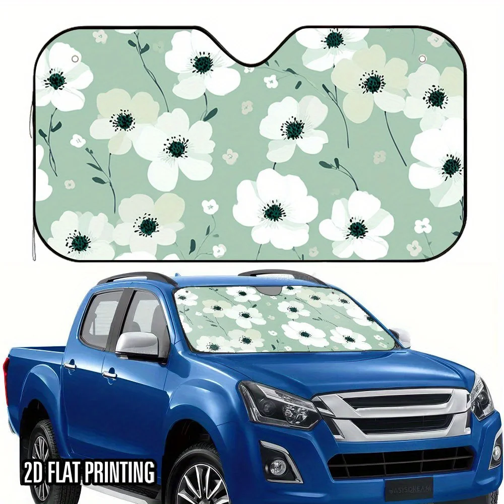 1pc 2D Flat Green Background With White Flowers Car Sunshade – Stylish & Efficient, Includes 4 Suction Cups, Foldable For Easy S