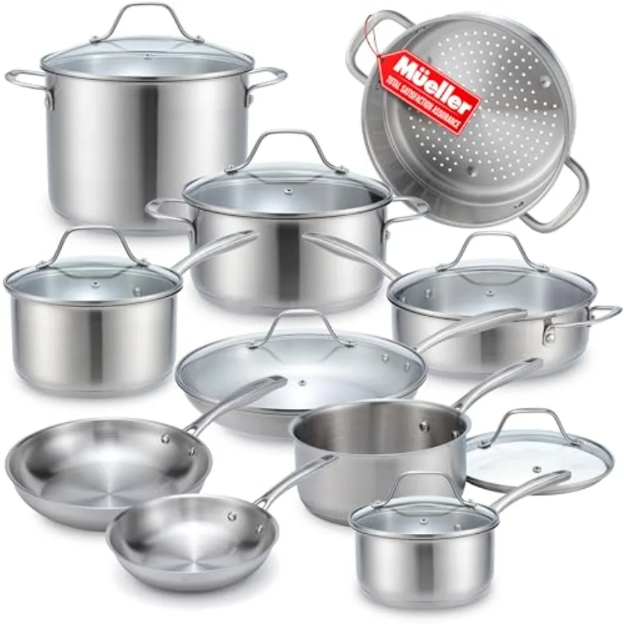 

Mueller Stainless Steel Pots and Pans Set Tri-Ply Ultra-Clad Pro Cookware Set, Induction Ready, Oven Safe, Even-Heat Aluminum C