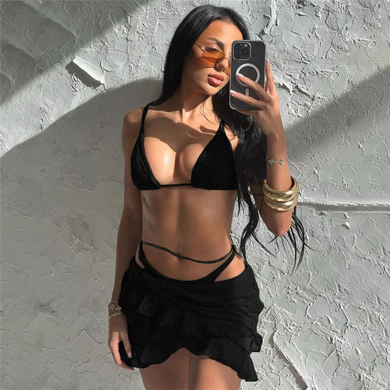 

Spring And Summer New Product 2025 Women's Fashion Two-piece Set Sexy Spice Girl Navel Lace Hook Flower Lace Bikini Skirt Set