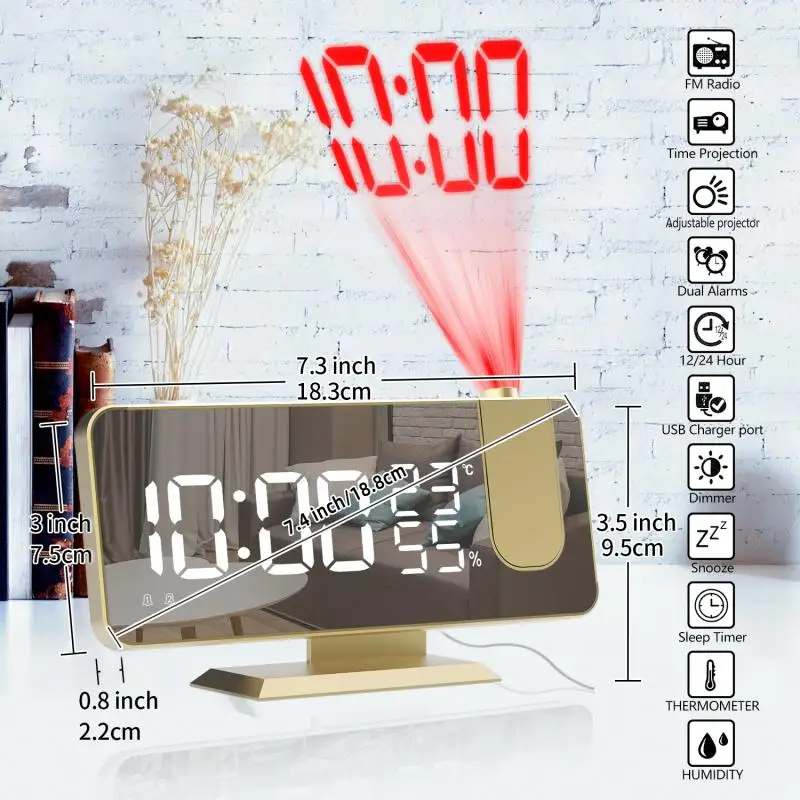 USB Powered Digital Alarm Clock 180° Arm Projection Alarm Clock Time Temperature Snooze Table Clock 12/24H Projector LED Clock